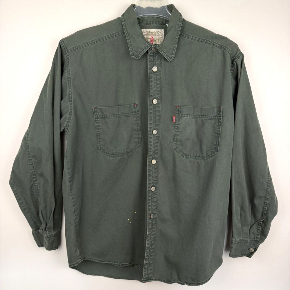 Vintage Levis Red Tab Shirt Men's L Green 90's Metal Buttons Distressed Workwear